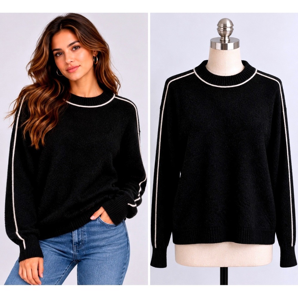 Athleta Transit Merino Wool Blend Sweater Womens M Black Side Stripe Luxury
